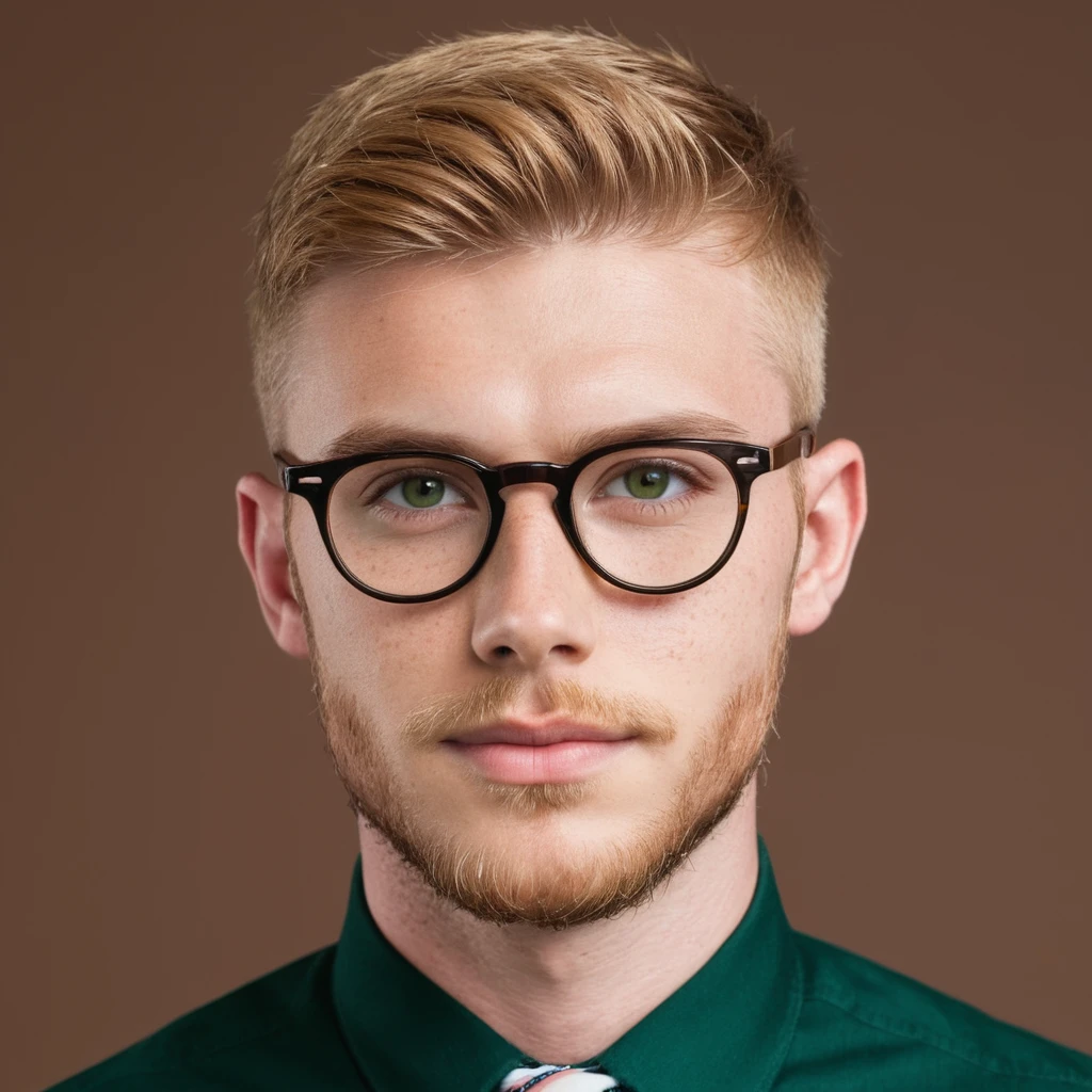 Handsome English guy, strawberry blondehair, green eyes, short hair, buzzcut hair, beard, 25 years old businessman, big eyeglasses