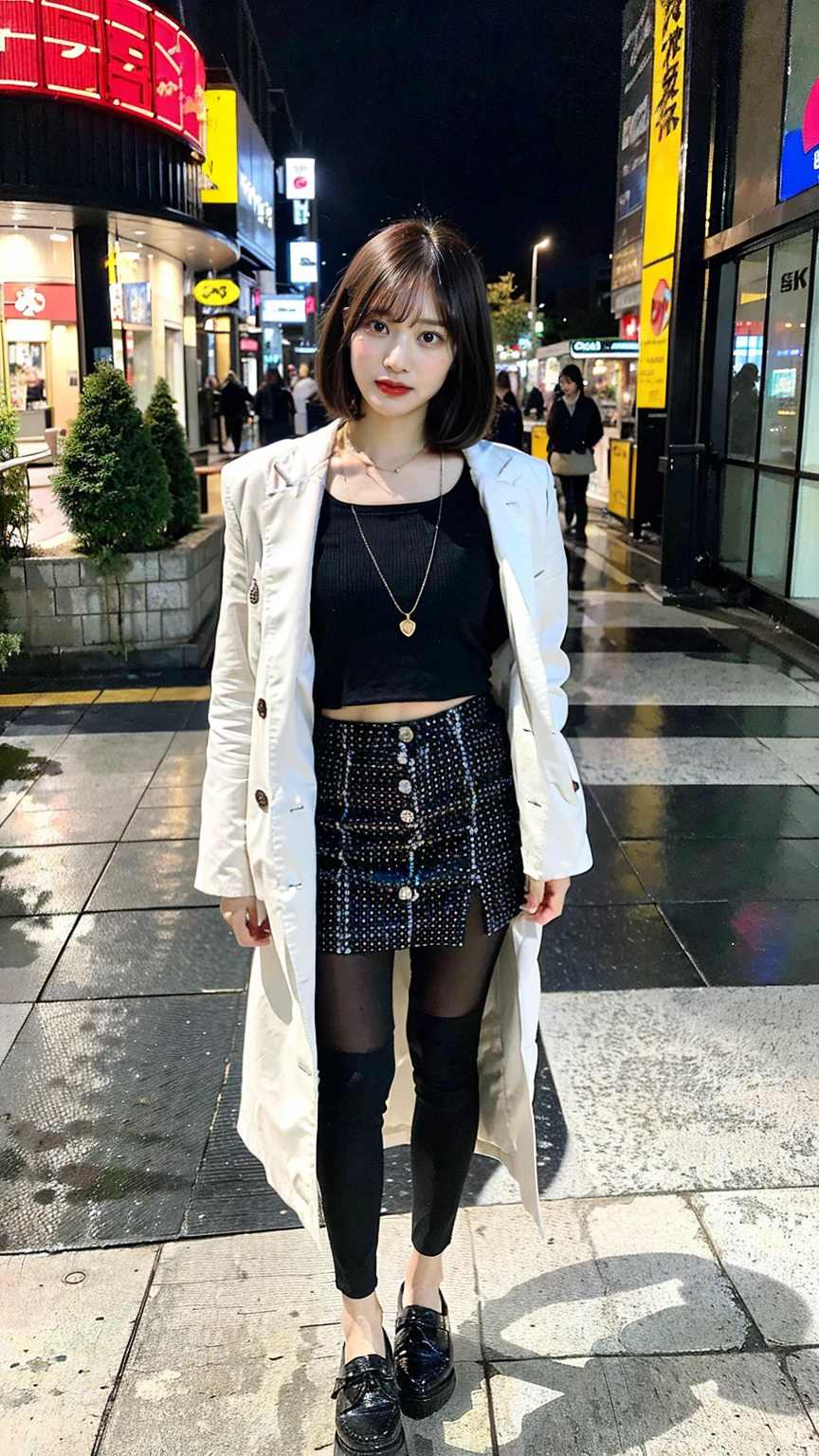 a beautiful japanese woman with very short bob haircut, full body shot, wearing fashionable clothes, necklace, simple background, (best quality,8k,32k,masterpiece:1.2),cinematic aesthetic:1.4,beautiful fashion model photo in bokeh city night,full body shot,Standing figure with feet projected、In stylish winter clothes、Transparent Background