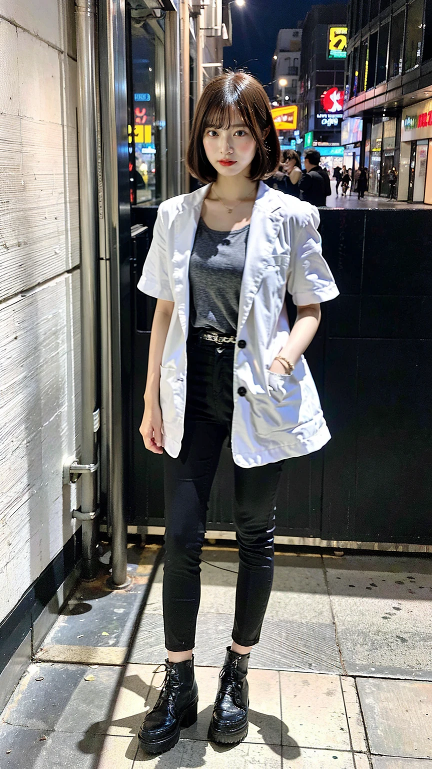 a beautiful japanese woman with very short bob haircut, full body shot, wearing fashionable clothes, necklace, simple background, (best quality,8k,32k,masterpiece:1.2),cinematic aesthetic:1.4,beautiful fashion model photo in bokeh city night,full body shot,Standing figure with feet projected、In stylish winter clothes、Transparent Background