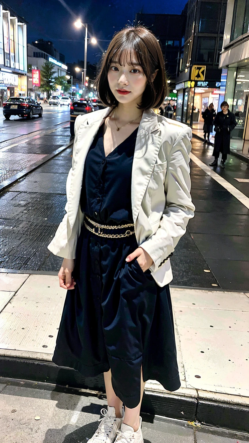 a beautiful japanese woman with very short bob haircut, full body shot, wearing fashionable clothes, necklace, simple background, (best quality,8k,32k,masterpiece:1.2),cinematic aesthetic:1.4,beautiful fashion model photo in bokeh city night,full body shot,Standing figure with feet projected、In stylish winter clothes、Transparent Background