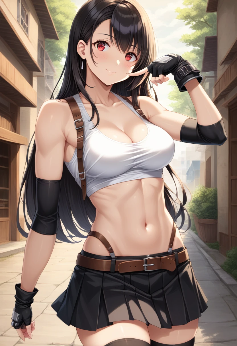 score_9, score_8_up, score_7_up, dynamicangle,breast focus,,(soro focus),contrapost pose,(close-up),selfie,upperbody,looking_at_viewer ,1girl, tifa lockhart, final fantasy,(beautiful woman). black hair, low-tied long hair, red eyes, bangs, white tank top,gap, belt, pleated skirt, thighhighs, elbow fingerless gloves, elbow pads, midriff, navel,(suspender), skirt.zettai ryouiki ,(large_breasts:1.2),(perky breasts),(light smile),slender_waist:1.2 ,Solo,,(daytime and outdoors),(masterpeace),(best quality),(aesthetic,very aesthetic),photorealistic,highly detailed,professional lighting,cinematic lighting,superior contrast