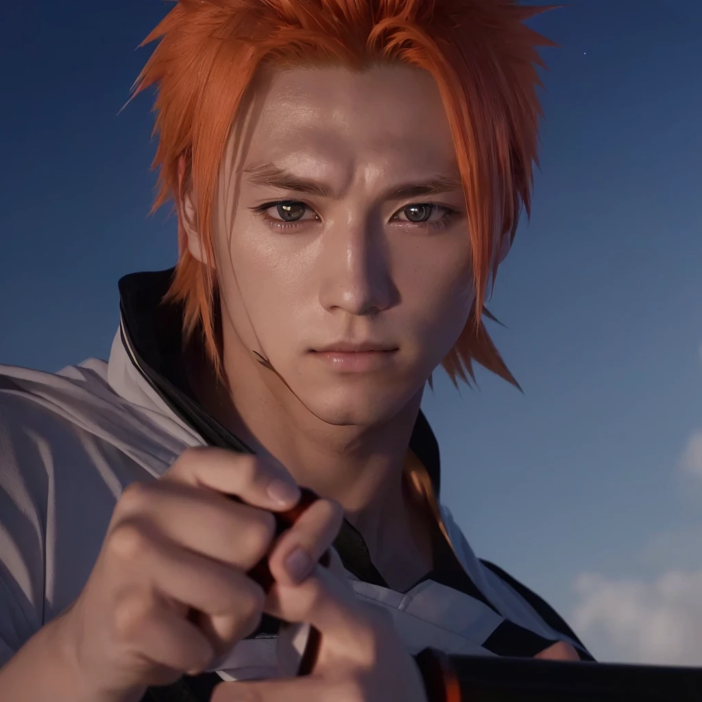 a close up of a person holding a sword in front of a sky, ichigo kurosaki, ichigo, bleach, bleach manga style, anime masterpiece, 8k!, orange - haired anime boy, today's featured anime still, epic 8 k hd anime shot, closeup!!!!!!, screenshot from the anime film, tite kubo, shinigami, anime opening