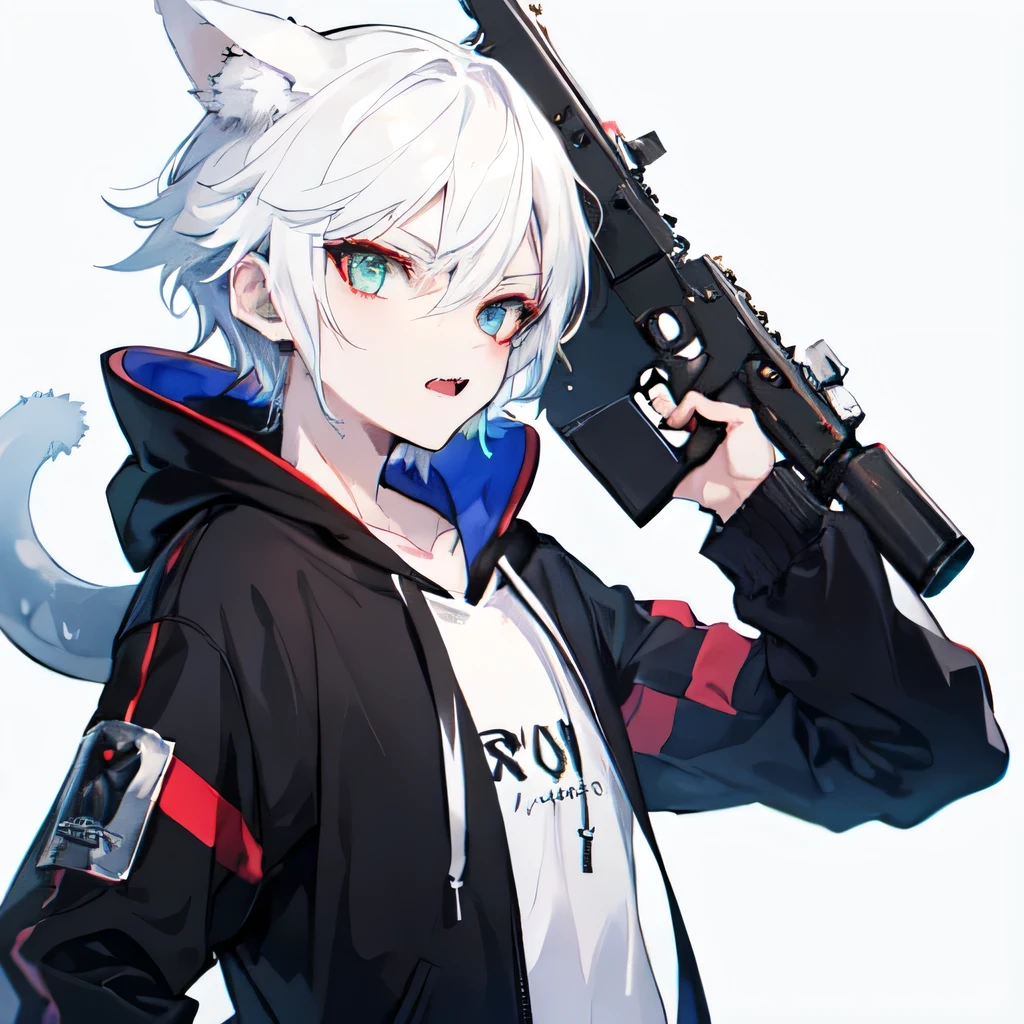 1Boy, Boyish, Catboy, Fangs Showing, Ultra-detailed Ice-colored Dragon Eyes, Eye-focus, Snow-White Hair, Head Shot, Cute Expression, Tight Hoodie, 2 gun, Plain Background
