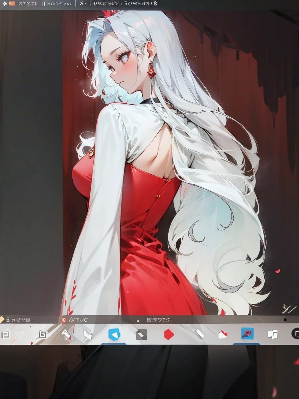 Add in roses to her dress, a good back dress design with some golden jewelry, make her dress into a red and white gown with a hat, give her some unique Jewelry, and make her look somewhat of a demonic angel like appearance to her