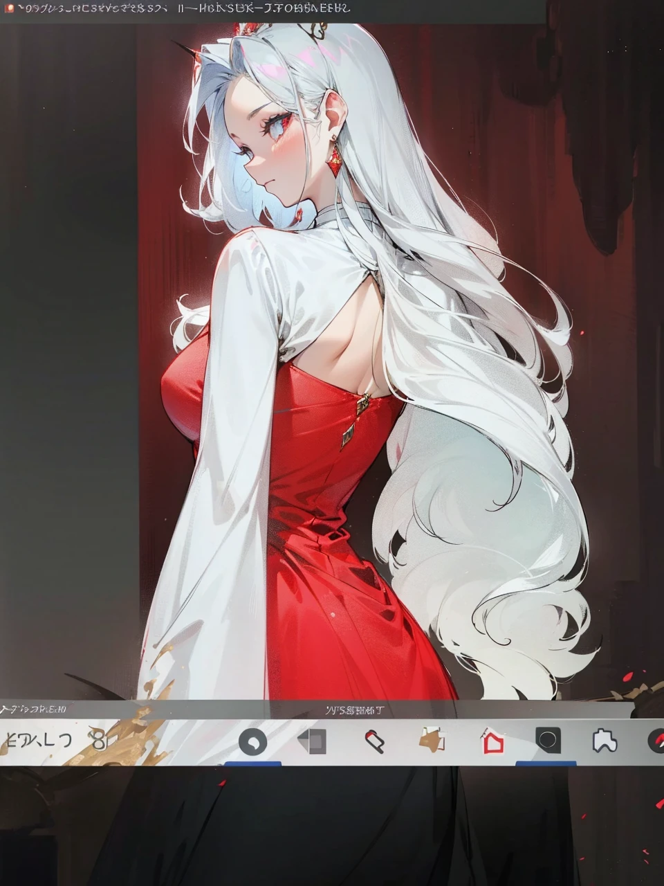 Add in roses to her dress, a good back dress design with some golden jewelry, make her dress into a red and white gown with a hat, give her some unique Jewelry, and make her look somewhat of a demonic angel like appearance to her