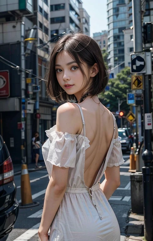 masterpiece, 1 beautiful girl, Delicate eyes, swollen eyes, best quality, 超high resolution, (Reality: 1.4), original photo, 1 girl, light, Japanese, Asian Beauty, Korean, Clean, Super beautiful, Beautiful skin, slim, Cyberpunk short hair, (超Reality的な), (high resolution), (8K), (Very detailed), (Best Illustration), (美しくdetailed目), (Very detailed), (wallpaper), (Delicate face), What is the audience like?, detailed, Delicate face, purebred face_v1、46 points side bangs、Direct vision、black eyes、Front facing the body、Brown hair、A bright smile、Naked back see-through dress、Off-shoulder、Big 、big nipples