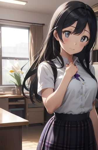 Yuuki Setsuna, Setsuna Yuki, (Iris:1.5), Black Hair, Long Hair, One side up, (Large Breasts:1.2), 
Breaking the armband, 青いBest, button, 襟付きのshirt, ドレスshirt, グレーのskirt, ネックribbon, Nijigasaki Gakuen , Plaid, Plaidskirt, プリーツskirt, 赤いribbon, ribbon, , shirt, Short sleeve, skirt, Summer uniform, Best, 白のshirt,
break looking at viewer, 
Indoor rest, Crude room, 
break (Tabletop:1.2), Highest quality, High resolution, unity 8k wallpaper, (figure:0.8), (Beautiful attention to detail:1.6), Highly detailed face, Perfect lighting, Highly detailed CG, (Perfect hands, Perfect Anatomy),