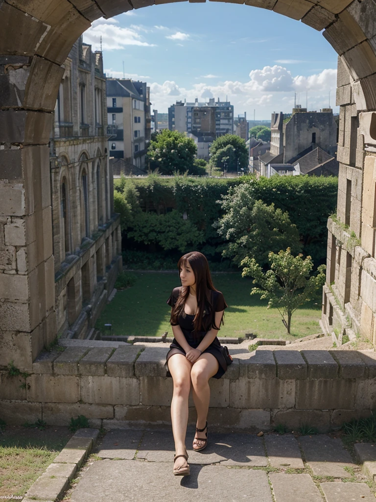 personnage d'anime entrain de regarder une ville en ruine