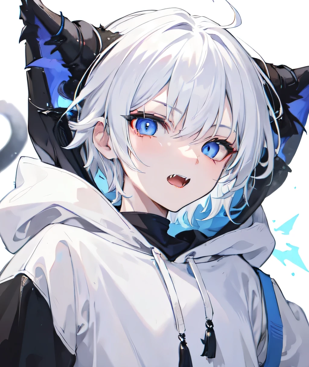 1Boy, Boyish, Catboy, Fangs Showing, Ultra-detailed Ice-colored Dragon Eyes, Eye-focus, Snow-White Hair, Head Shot, Cute Expression, Tight Hoodie, 2 gun, Plain Background