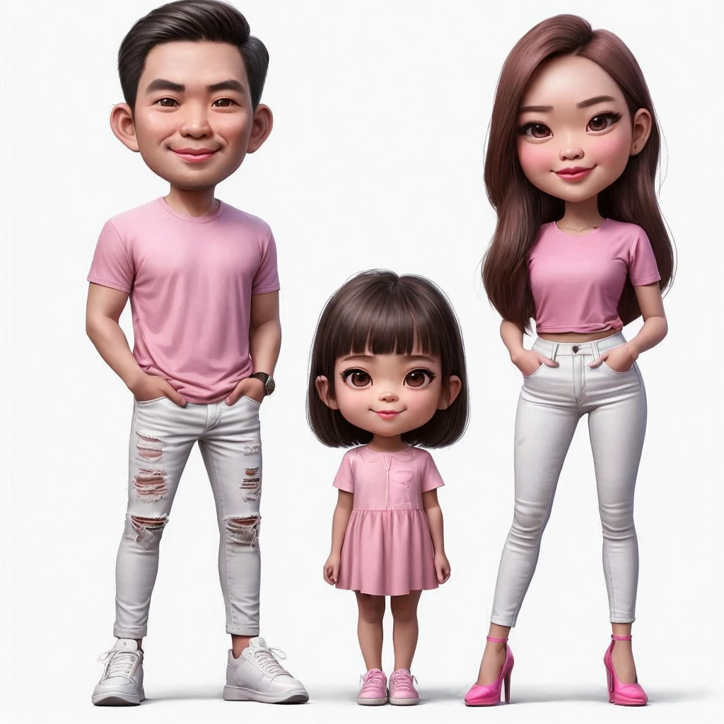 Create a 4D realistic caricature with large heads. On the left, draw an adult Indonesian Asian man wearing a pink t-shirt, ripped white jeans, and white sneakers. On the right, draw an adult Indonesian Asian woman with long hair, wearing a pink t-shirt, white jeans, and pink high heels. In the middle, place a 3-year-old Indonesian Asian girl with short hair, wearing a pink dress and pink shoes. They should be standing side by side, smiling, and displaying a sense of camaraderie and familiarity. The background should be cool and feature musical elements. The final image should be of high quality, 8K resolution." Very realistic