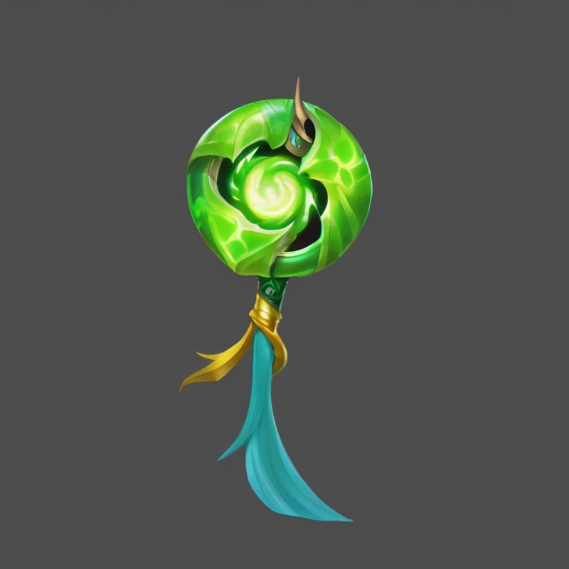 A yellow-green lollipop with a long tail, Capability Image, Object Art, Magic Wand, Dragon Staff, Fantasy game spell symbols, RPG item rendering, glowing Dragon Staff, Role Playing Game Items, glowing green soul blade, hero prop, object concept art, Dragon Staff, Stylized art, wizard Magic Wand, Artifact dota2, Modular Project