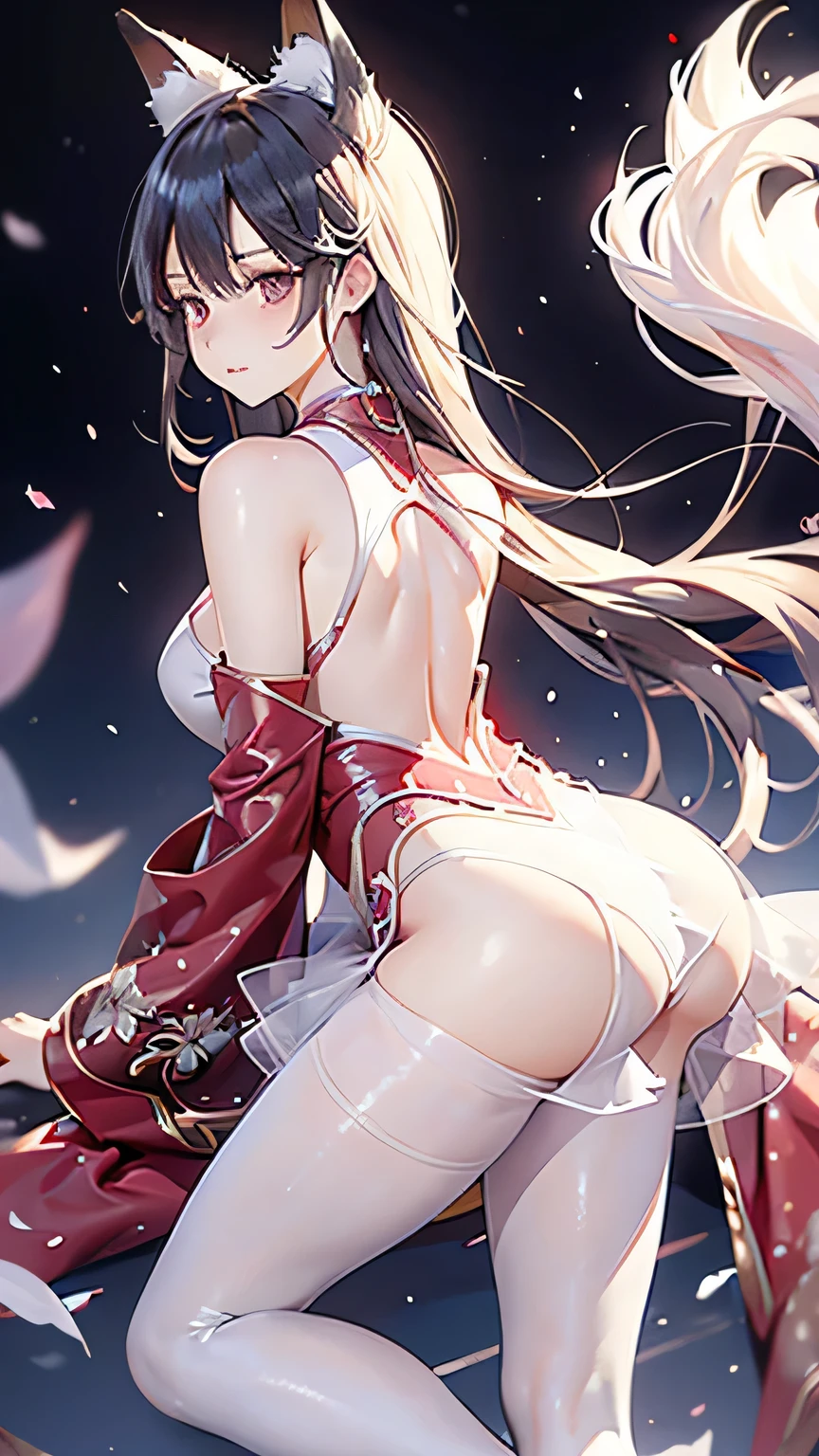Hips,Beautiful back,Fox Teacher,Translucent red cheongsam,Long hair,Added a little flexibility,Rich in layers,Soaked,White pantyhose,Sleeveless shoulderless,Big