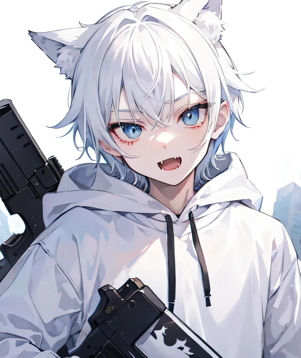 1Boy, Boyish, Catboy, Fangs Showing, Ultra-detailed Ice-colored Dragon Eyes, Eye-focus, Snow-White Hair, Head Shot, Cute Expression, Tight Hoodie, 2 gun, Plain Background