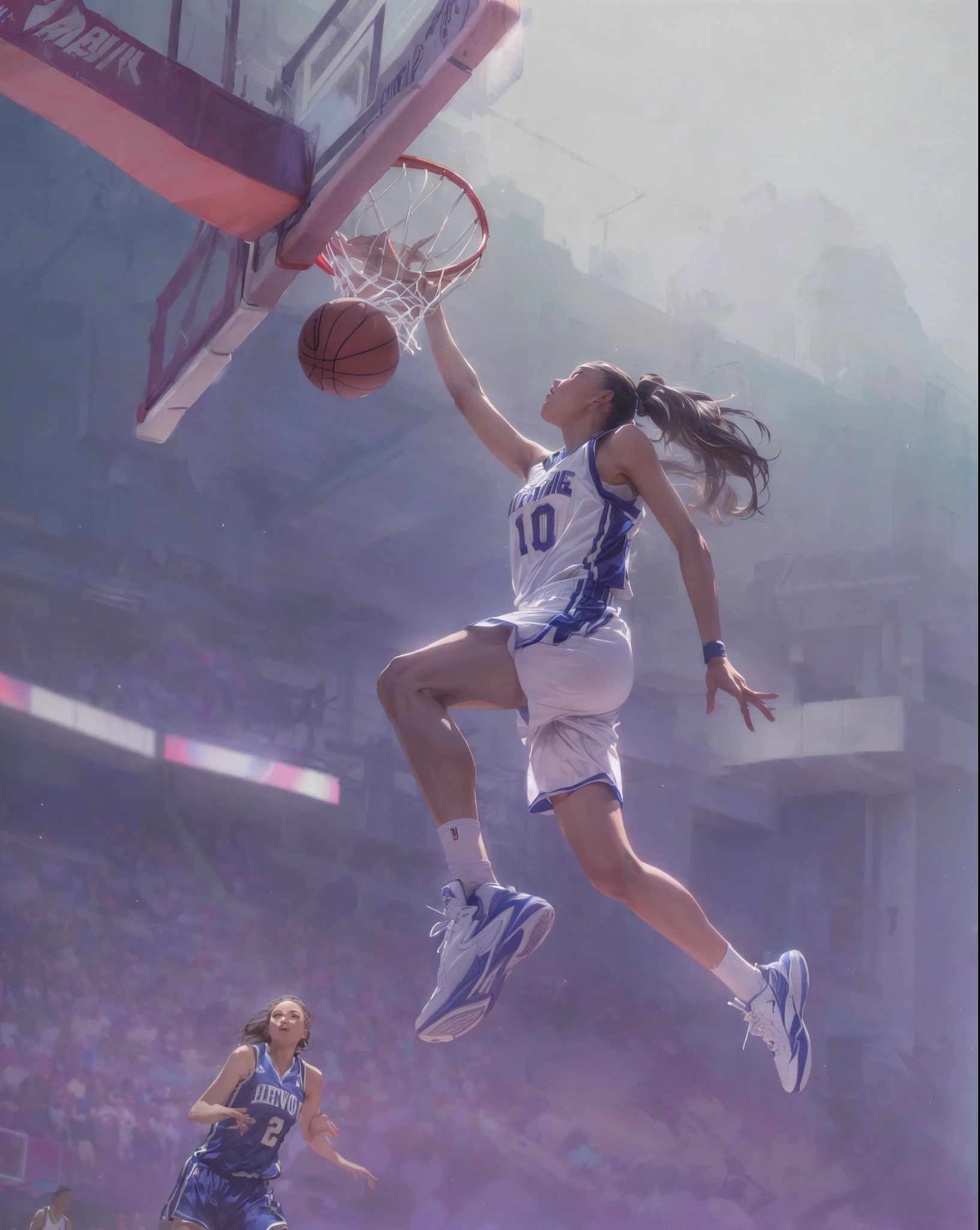 A breathtaking illustration of a female basketball player in a striking pastel-colored uniform, soaring mid-air and executing an electrifying slam dunk. The player's sleek, modern uniform is adorned with a vibrant pastel shade, accentuating her agility and athleticism. The minimalistic background showcases a depth of field, with crowds in the distance, highlighting the athlete's skill and determination. The artist's masterful use of headroom emphasizes the remarkable height of the dunk, capturing the essence of the game's excitement and energy