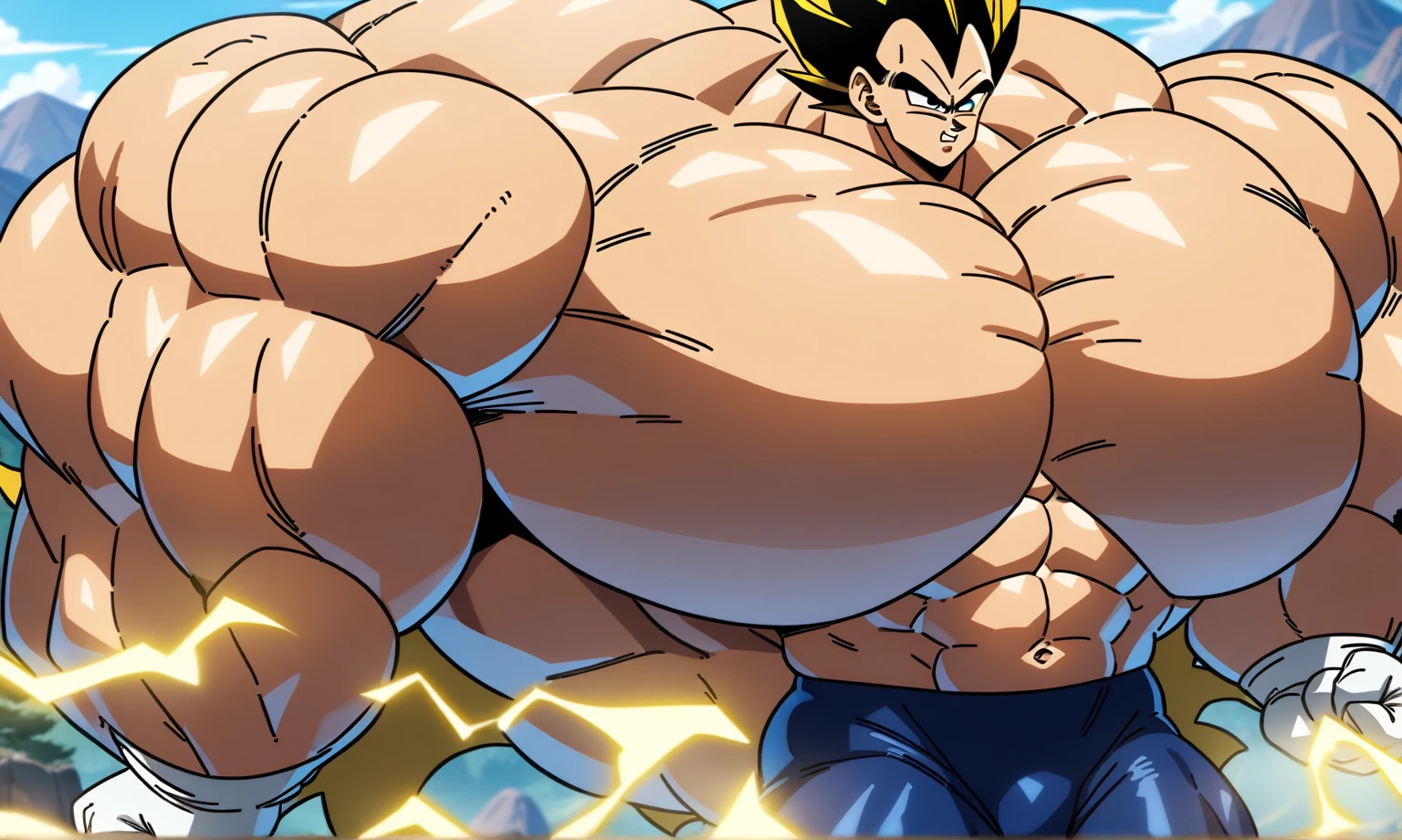 1boy, Vegeta, from Dragon Ball Z, masterpiece, best quality, very aesthetic, absurdres, saiyan, green eyes, spiked hair, (yellow hair:2), shirtless, blue skintight pants, white gloves, (huge muscles:2.5), dragonballartstyle, in the style of Akira Toriyama, outdoors, flat-top mountains, nipples, abs, yellow aura, electricity