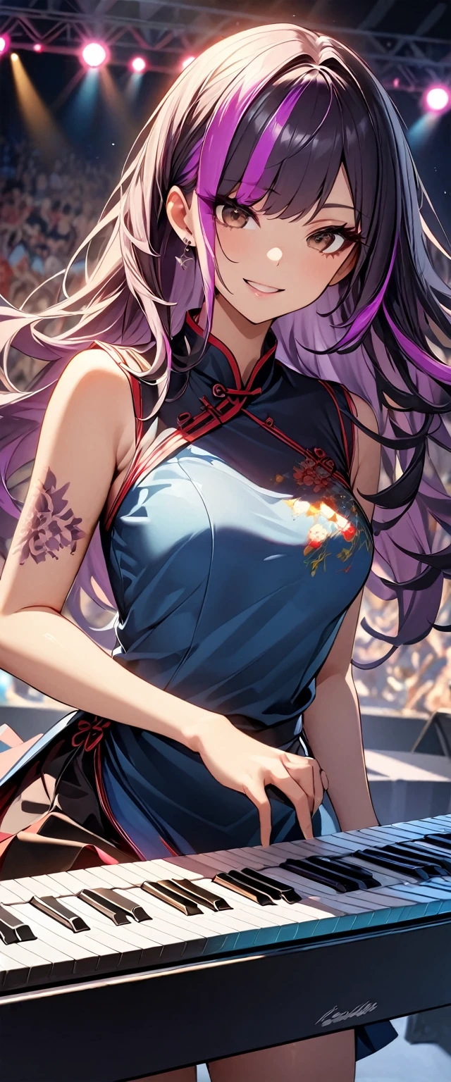 (highest quality:1.2, Very detailed, up to date, Vibrant, Ultra-high resolution, High Contrast, masterpiece:1.2, highest quality, Best aesthetics), Portraiture、girl、keyboard player、stage、performance、Rock Music、Bright colors、Beautiful fine details、Beautiful lip detail、long hair、black and purple ((streaked hair:1.6)), highlights hair: 1.5, brown eyes, slim body, (small breast:0.7), Music band、Cheerful pose、Concert Light、Edgy Style、(colorful Cheongsam:1.2), (no sleeve:1), Dynamic Movement、hypnotic sounds、Stadium、amplifier、Loud music、(playing keyboards:1.6), (Floral Fineline tattoo design on left arm:1), Passionate performance、Sparkling stage、Concert atmosphere、Music Festival、Full of emotion、Rock star attitude、Resolute expression、Avid Fan、The presence of an attractive stage、 Expressive gestures、Rock star aura、An exciting atmosphere、Sing with all your heart、An unforgettable show, closs earing, cowboy shot