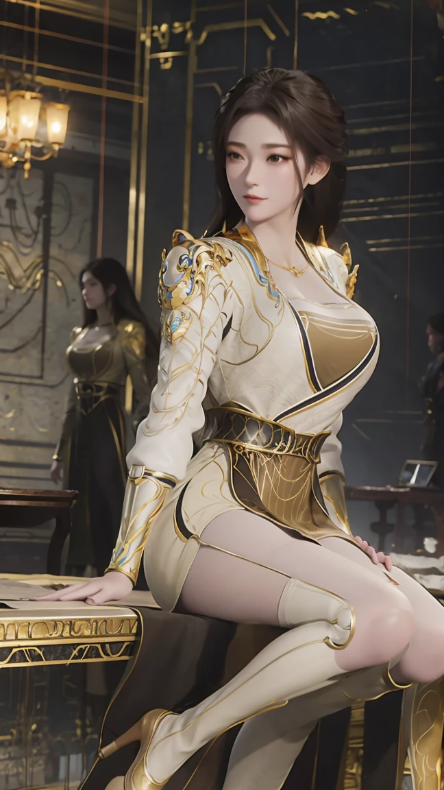 best quality,masterpiece,Final Solution,Fluffy,Colorful,Mature beautiful woman,Sitting against the wall,Long legs,Big breasts,Wearing pure gold high heels,In the bedroom,Wearing a golden hip skirt