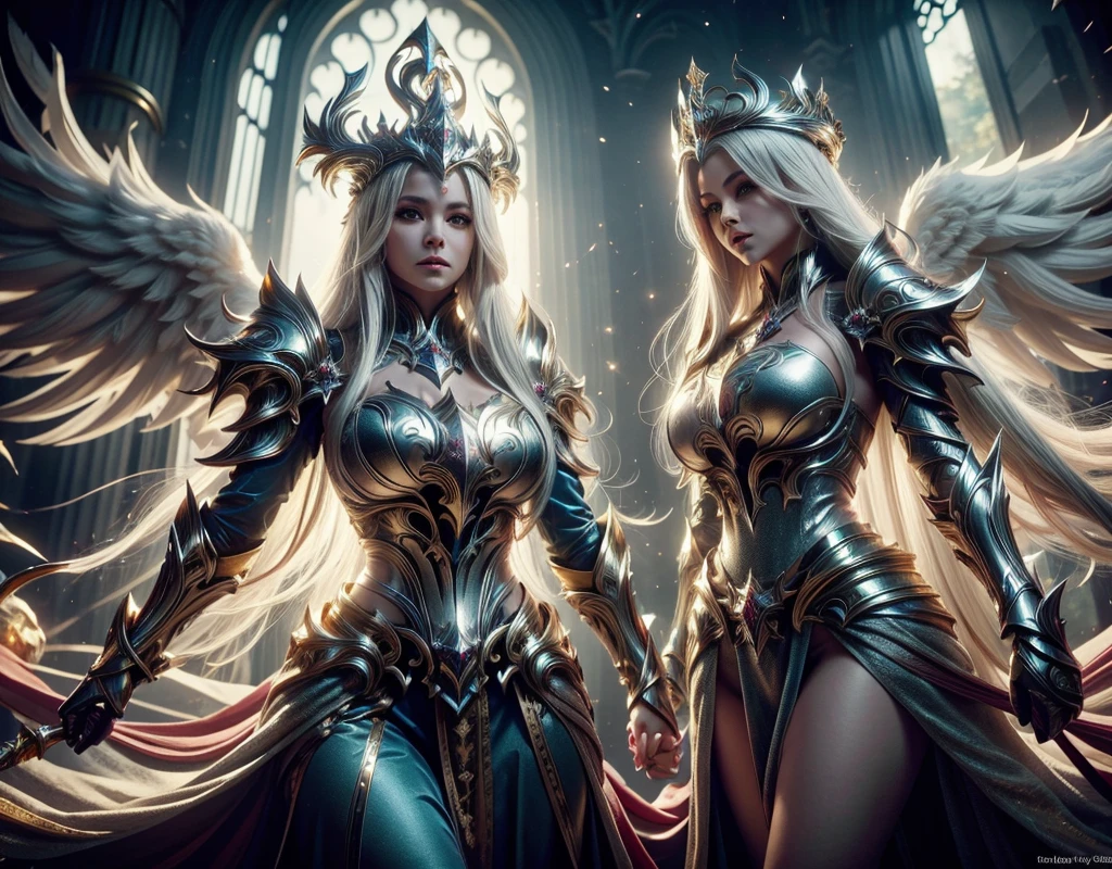In a clear day forest, there is a woman highlighting her remains of her feathers well shed. A goddess with long white hair, golden crown with large magic crystal in the white shiny center, wearing a blue costume of a sorceress costume of paladin powers, futuristic. Anja Templar Armor with Great Angel Azia
with fine gold accents, on a large tree facing me. Details:1.2) 4K ultra-HD, digital SLR, soft lighting, high quality,
