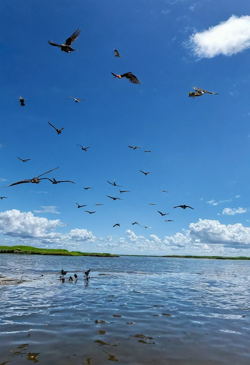 Have creatures in the water, and birds that fly in the expanse of the sky