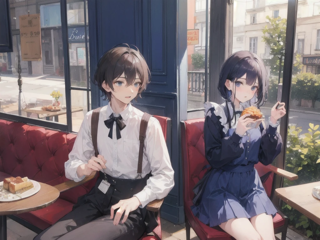 man and a girl, sit in blue cafe, French sweet, on date, eat, seed 810091095