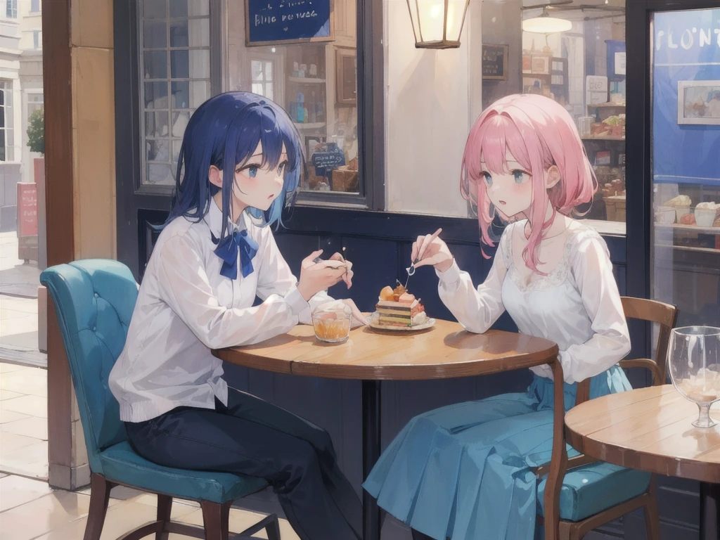 man and a girl, sit in blue cafe, French sweet, on date, eat, seed 810091095

