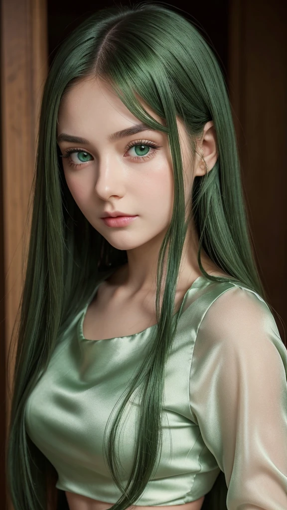 A young girl, Europe, Extremely detailed face, plump face, Oval face, green hair, green eyes, Long hair, two-strap silk dress, collarbones, lộ OR, normal mood, straight face, collarbones, OR, big body , pose facing the viewer