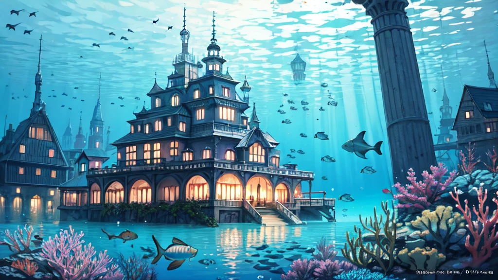 Submerged city, underwater opera house, illustration, nostalgic, underwater, water city, vivid, background only, bright, underwater