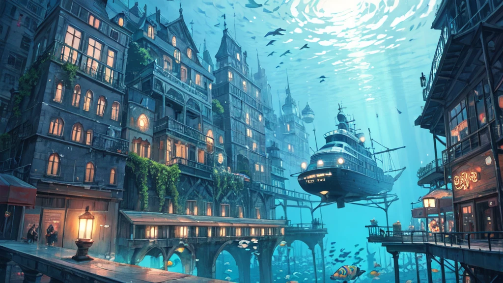 Submerged city, underwater opera house, illustration, nostalgic, underwater, water city, vivid, background only, bright, underwater