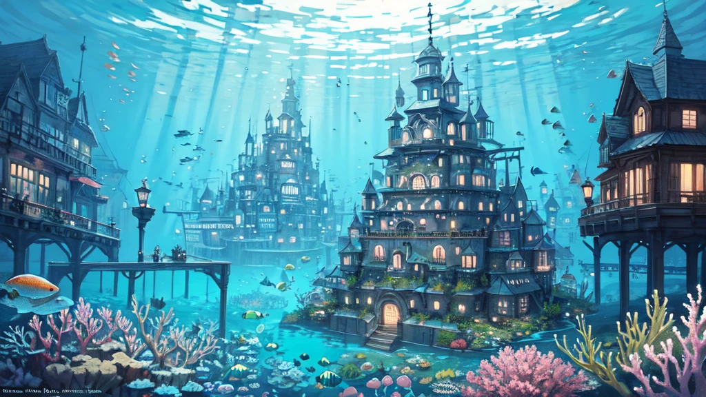 Submerged city, underwater opera house, illustration, nostalgic, underwater, water city, vivid, background only, bright, underwater