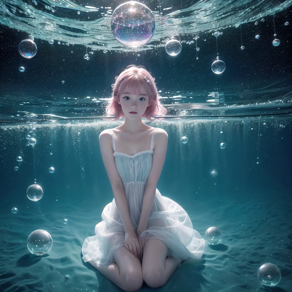 ((inside a big glass ball))(underwater) (floating bubbles) Under the sea ((fantastic starry sky )) (jellyfish) (Healing)((little)) (snow white dress)(sit) The Little Mermaid pink hair
blue Eye