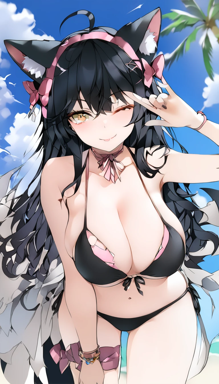 Woman on computer is wearing sexy bikini cat costume, 1girl, breasts, animal ears, solo, fox ears, swimsuit, black hair, mask, bikini, one eye closed, fox girl, tail, outdoor, palm tree, long hair, yellow eyes, tree, fox tail