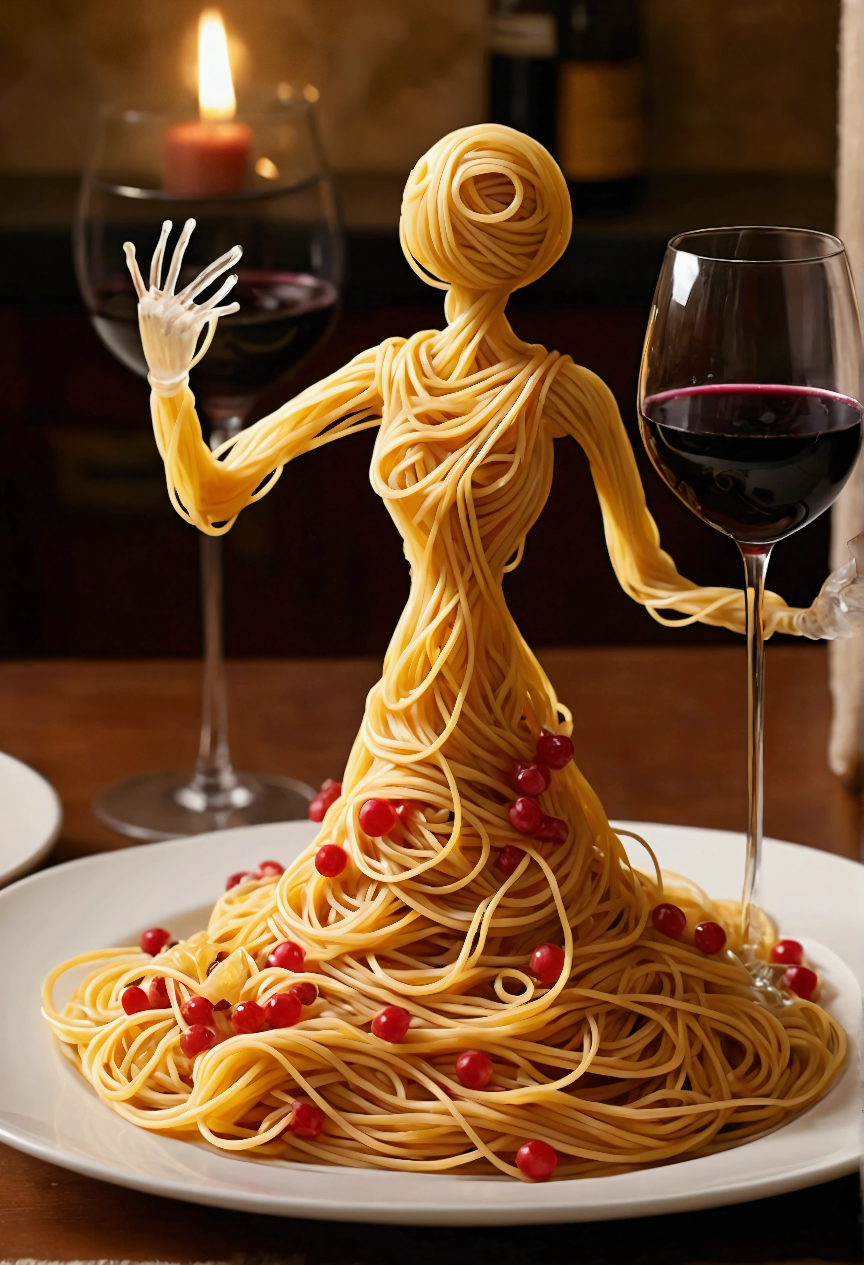 Create a whimsical and artistic scene featuring a single human-like figure made entirely of spaghetti. This figure should appear to be dancing gracefully on a plate. The background should depict a cozy kitchen setting with warm, ambient lighting, creating a romantic and intimate atmosphere. Include elements such as a glass of red wine and a beautifully set table to enhance the mood.