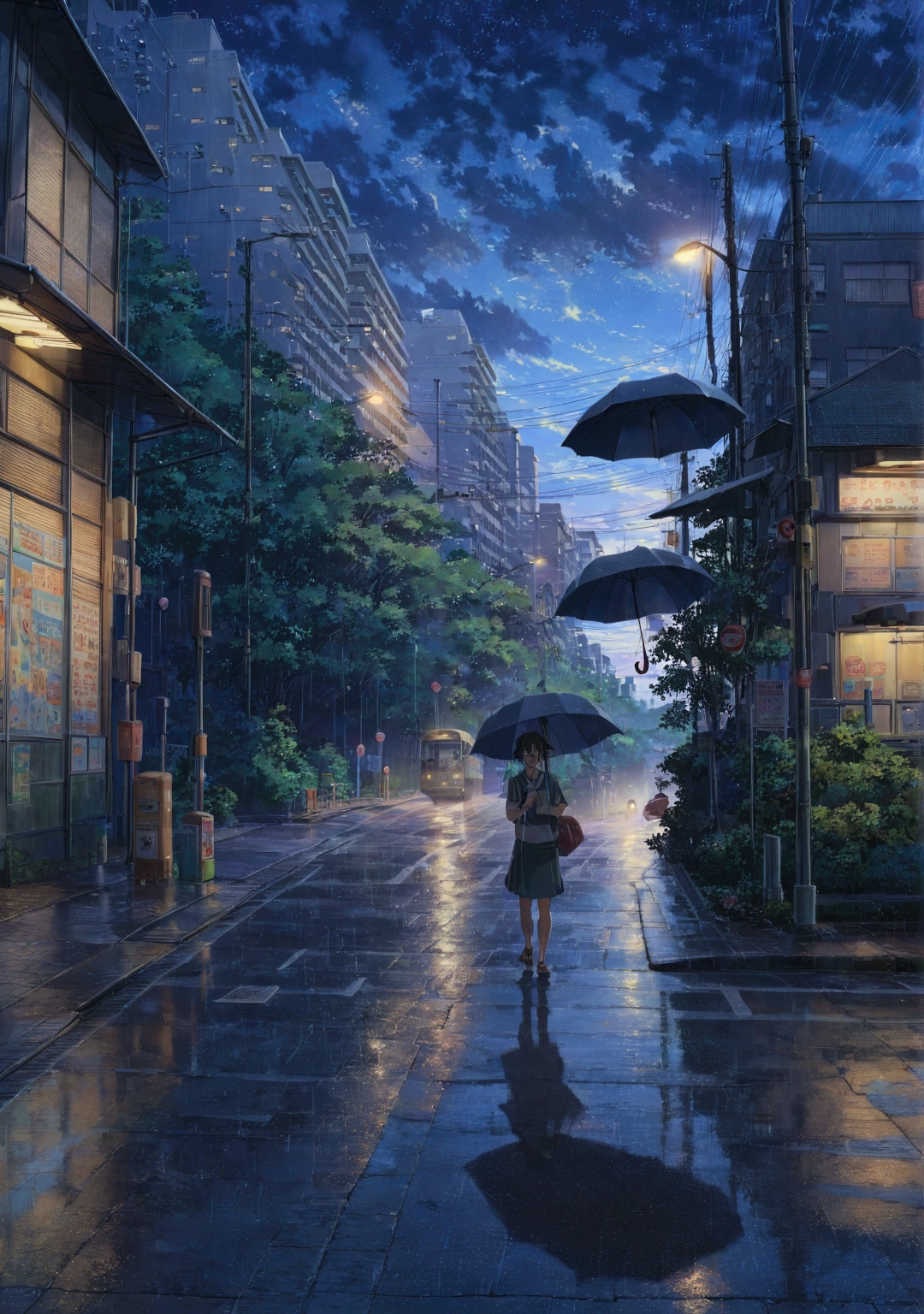 Best picture quality, animation, street corner with drizzling rain. Under the dim evening sky, wet asphalt reflects the light, bus stop, high school students, a girl in  on her way home from school, her hair wet from the rain, she is smiling innocently, a boy comes to pick her up, rushes over and holds his umbrella over her, in the background are buildings painted with the kind of detail found in Makoto Shinkai's works and street lights, bus stop