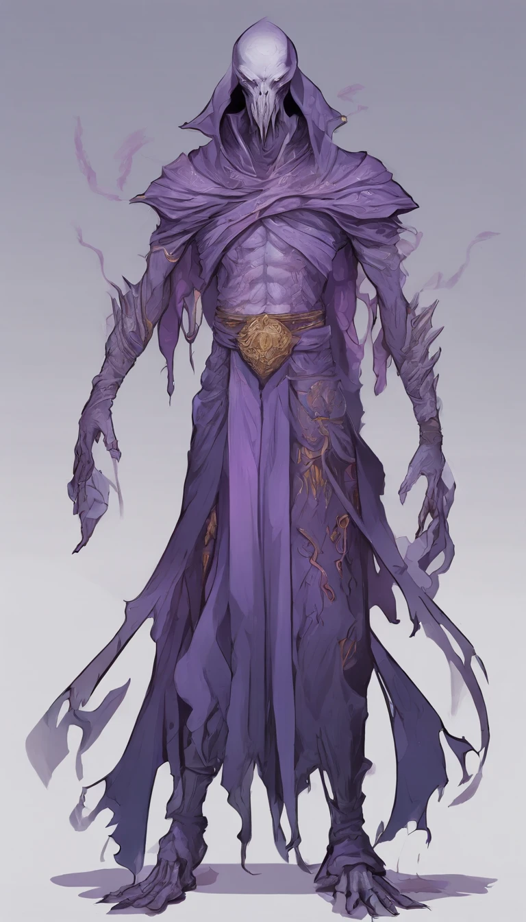 Mind flayer,Inspired by Dungeons & Dragons,Full body concept art illustration of Mind Flayer。The character has human-like proportions,tall、slim and muscular。The character has 4 tentacles extending from its chin,Light purple skin,Almost Blue。The character is dressed in exquisite、Luxurious white academic robes and ornate leather boots。Background is blank