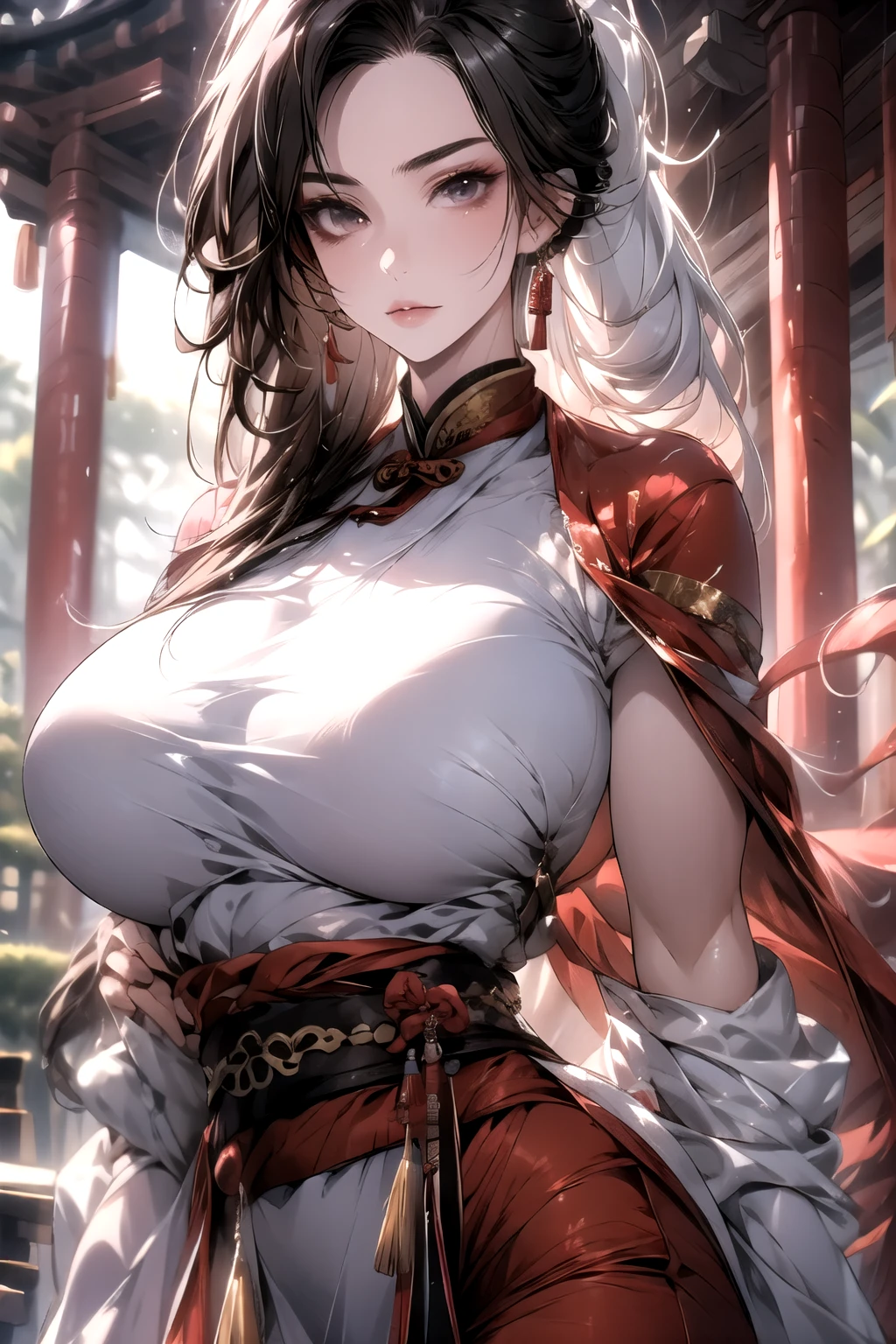 ((best quality)), ((Masterpiece)), (details:1.4), 2.5D, milf, Red hair, high ponytail, very big breasts, jewelry, Red_Hanfu, Chinese fairy, Taoist uniform, Large clothing, earring, shy, In the shrine, best quality,ภาพถ่าย RAW 8k, realistically, (cinematic lighting, moody, textile shading),