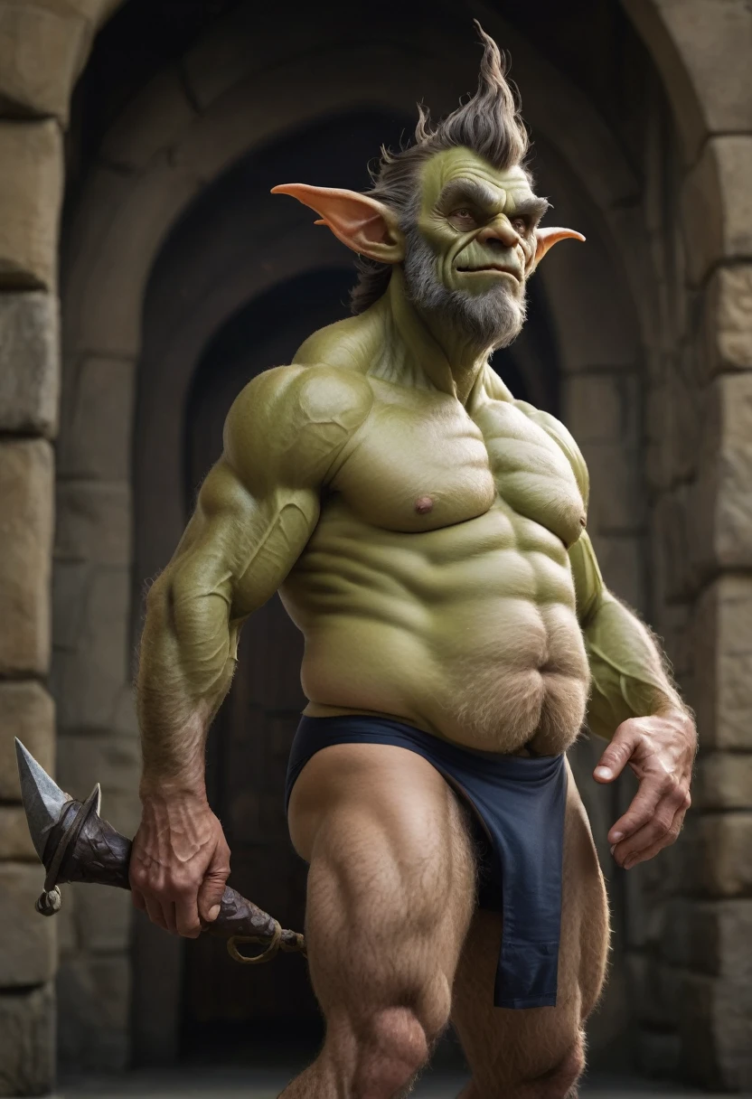 a tall goblin, hairy, muscular, speedo, BIG belly, swollen intestines, prominent belly, pointed ears