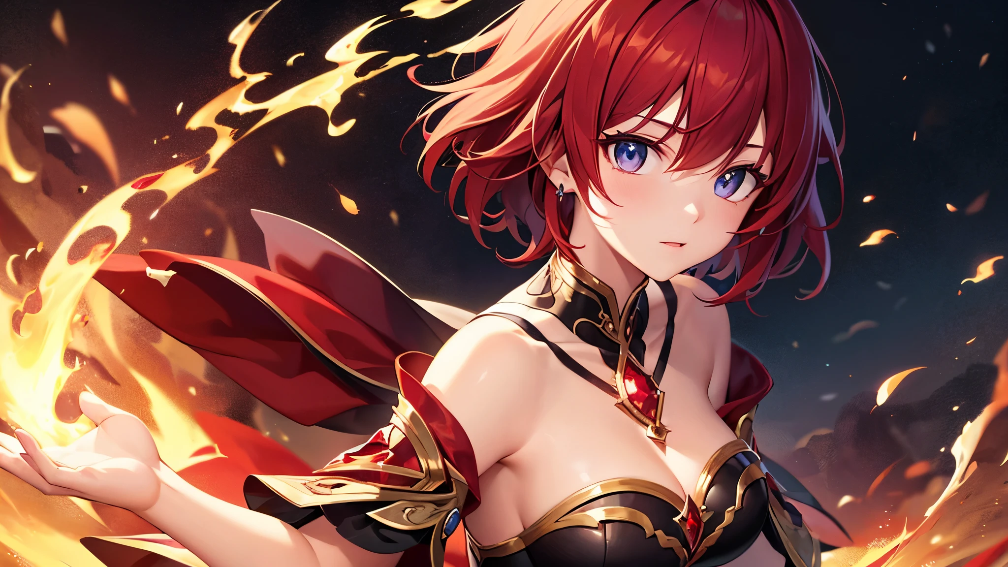 Highest quality, 8k, 4K, High resolution, High Contrast,1girl,only,Beautiful crimson short hair,(Beautifully detailed face), Clear Eyes, beautiful eyes, Slanted Eyes, Confident expression, ２０generation, Beautiful breasts, Wearing a Garnet, Red Gem, god々New Fire Magic, Based on red, Precise landscape, battlefield