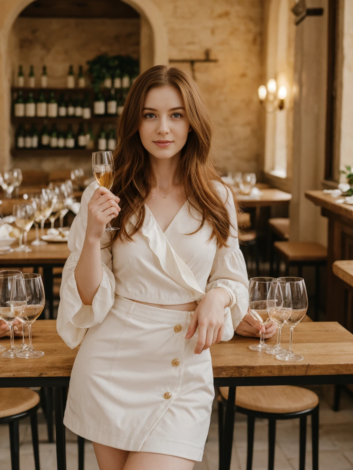 her name is Elle, high quality, 1girl, ((20-year-old fit Caucasian woman)), ((20 years old)), ((fit)), ((pale skin)), long auburn hair , wearing Blush Ruffled Wrap Blouse + High-Waisted Khaki Button-Front Skirt, pose: standing, background: Detail the sights and sounds inside a cozy Italian trattoria, from the clinking of wine glasses and the soft strains of an accordion to the delicious smells of pasta and garlic