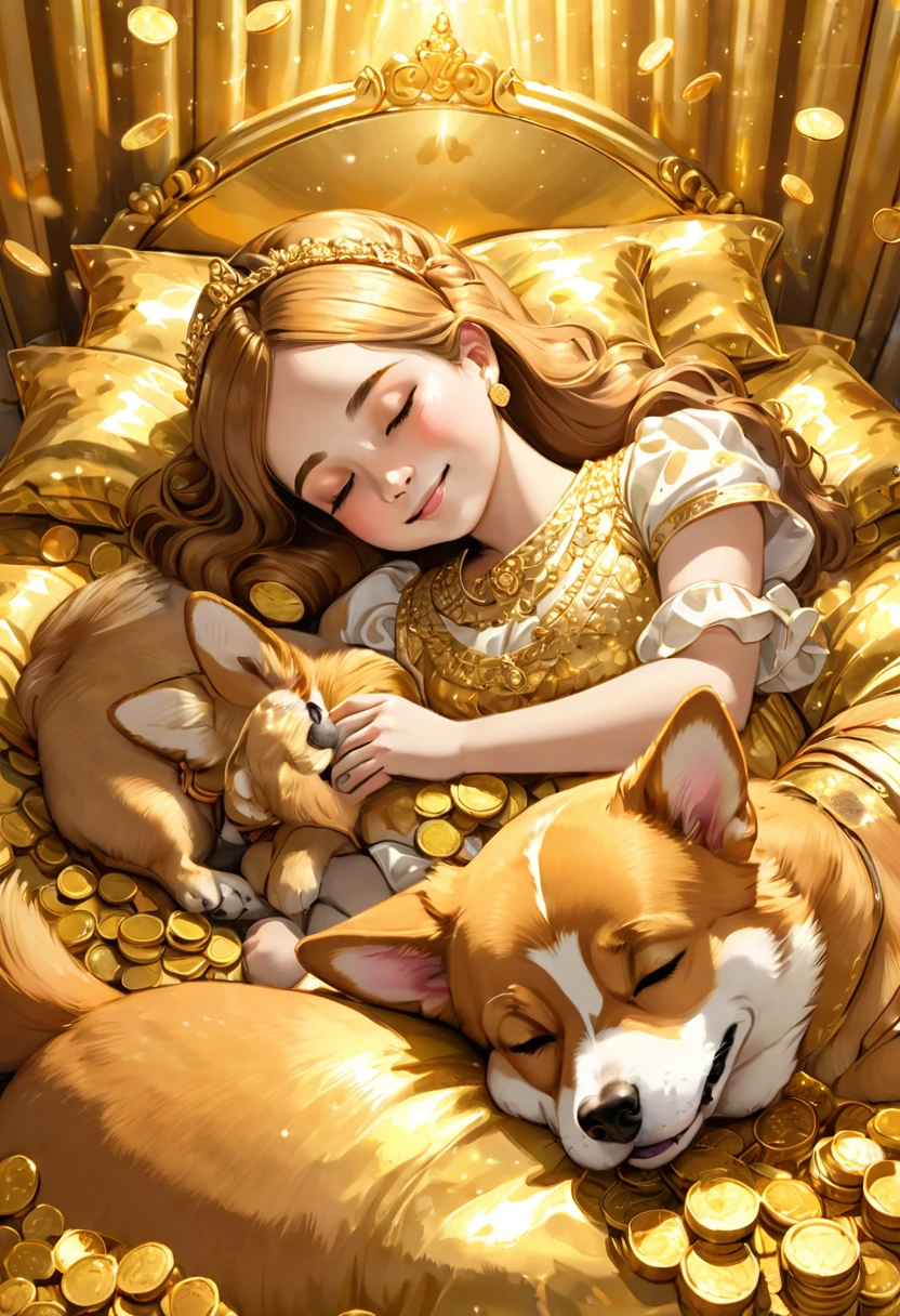 Princess and corgi sleeping on a gold bed, calm expression, smile, close eyes, surrounded by gold coins, full of money, stacked with gold coins, fine grains of light