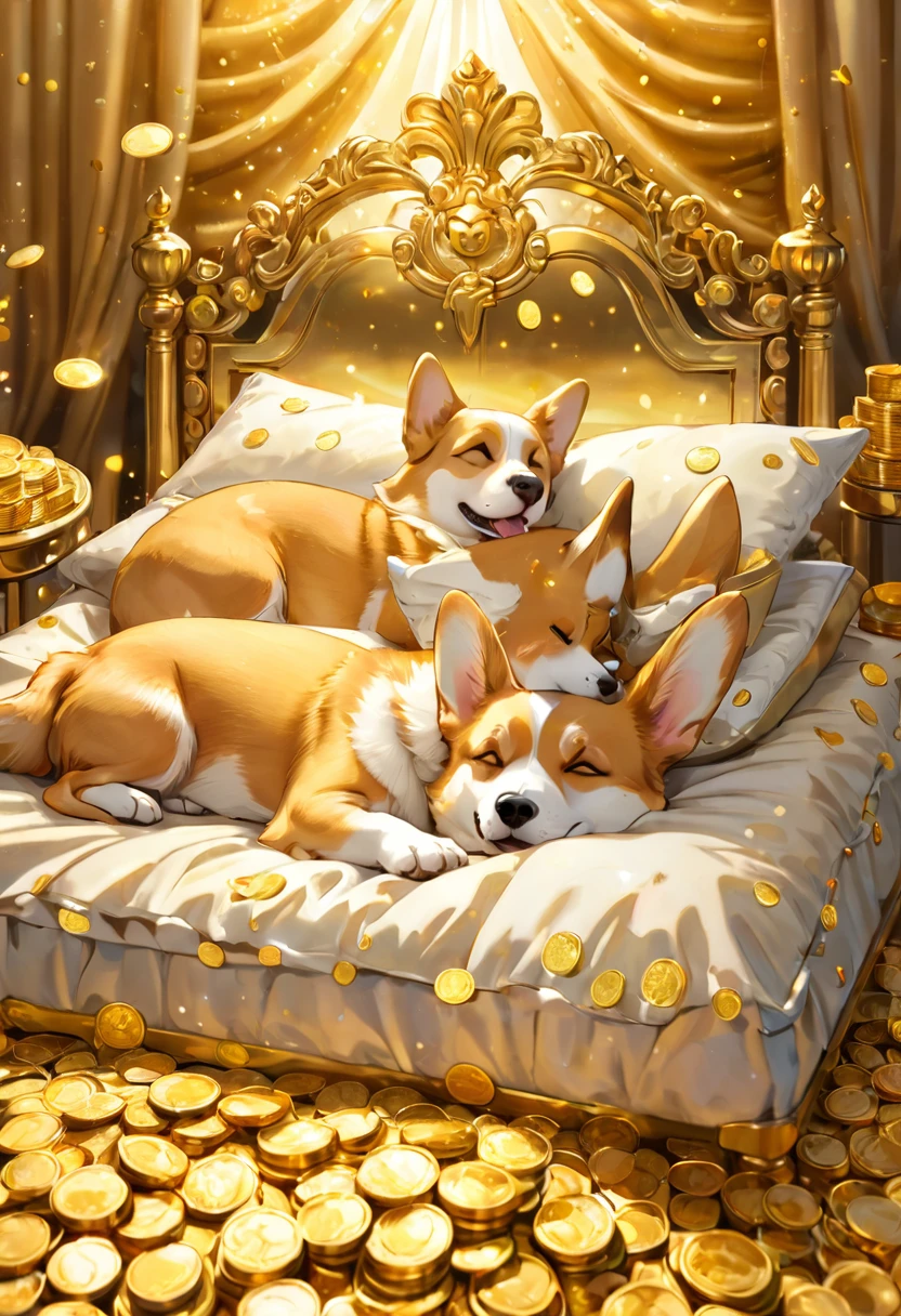 Princess and corgi sleeping on a gold bed, calm expression, smile, close eyes, surrounded by gold coins, full of money, stacked with gold coins, fine grains of light