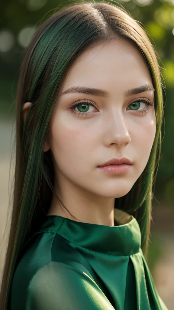a girl. face sent feeling. Europe. Oval face. long face. delicate facial features. sad eyes. seductively seductive. green eyes. long straight hair. green hair like. adorable cute expression. big body. Pleated silk skirt. straight face