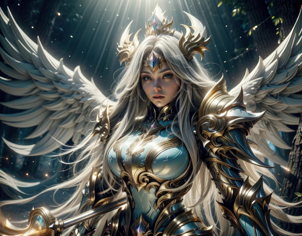 In a clear day forest, there is a woman highlighting her remains of her feathers well shed. A goddess with long white hair, golden crown with large magic crystal in the white shiny center, wearing a blue costume of a sorceress costume of paladin powers, futuristic. Anja Templar Armor with Great Angel Azia
with fine gold accents, on a large tree facing me. Details:1.2) 4K ultra-HD, digital SLR, soft lighting, high quality,