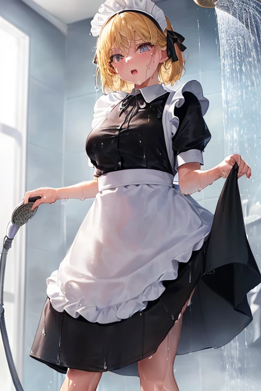 (Super best quality:1.6), (Highest quality:1.4), (Attention to detail:1.4), (Ultra-high resolution:1.6), 4K, (Highly detailed face:1.6), (Highly detailed eyes:1,6), (beautiful)Very bright eyes, Bright Face, Looks fun, cute, The best smile, Small breasts, Blonde, Best Anatomy, (Maid clothes, White apron, Headband, Black Dress, Big ribbon, Maid clothes, Classic, Long:1.4), (白と黒のMaid clothes), (Bathing fully clothed:1.6), (Soaked from head to toe:1.6), 全身showerを浴びてるメイド, (Soaked from head to toe), (shower:1.6), Bathroom, Are standing, (衣服からWater Drop:1.6), (Water Drop:1.4), 