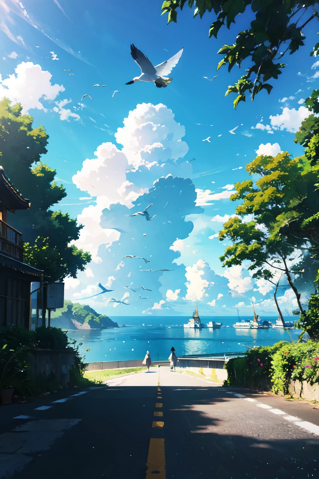 Blue sky,White Cloud,birds in the distance,Sea,Great prospects,Vision,A woman walks along the path towards the Sea,A bird flies overhead,The road is lined with green plants