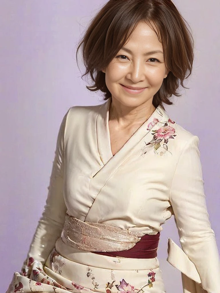 Browsing Caution, ((Highest quality)), ((8k)), ((masterpiece: 1.3)), (Perfect appearance), (Photorealism: 1.2), (KE), (JMA), (Standing woman), Japanese women, (38 years old), Married women, ((Realistic skin texture 1.8)), (Fine wrinkles appear all over the skin), (Dullness), (Unmoisturized skin) , (Facial wrinkles), (Wrinkles around the eyes), double eyelid, Lower eyelid tear trough, The eyes are looking here, Laugh with your mouth open, (Dimples), The bangs are short, Short Hair, A kimono with a floral pattern on a light purple background, White tabi, Sandals, ((whole body)),