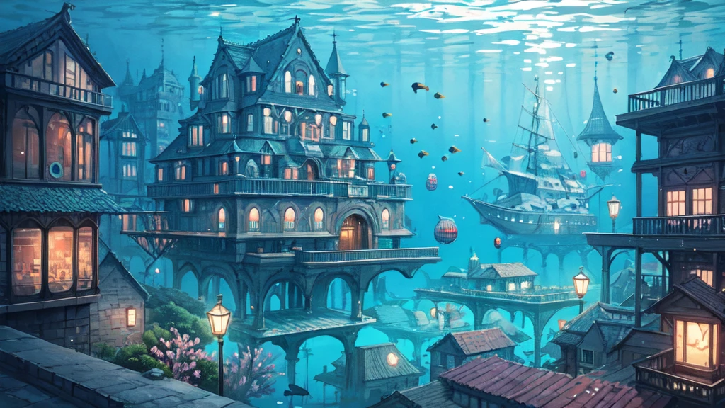 Submerged city, underwater opera house, illustration, nostalgic, underwater, water city, vivid, background only, bright, underwater