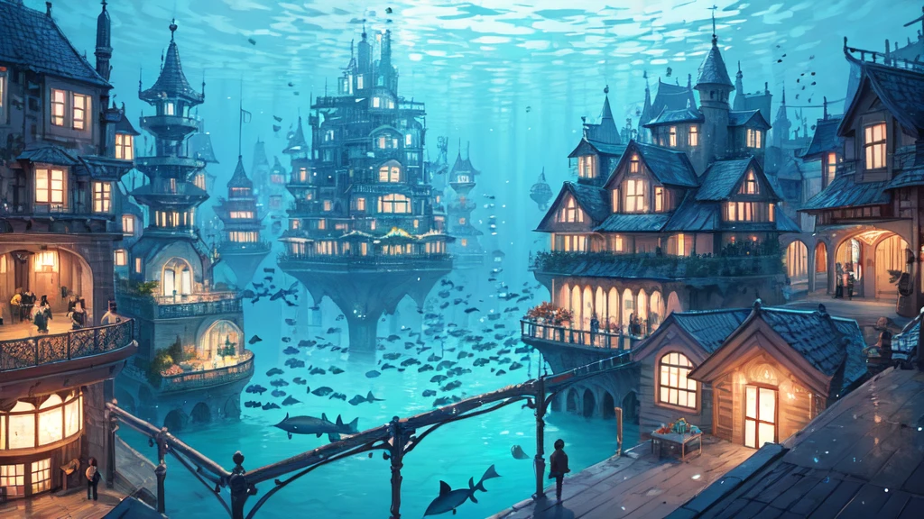 Submerged city, underwater opera house, illustration, nostalgic, underwater, water city, vivid, background only, bright, underwater