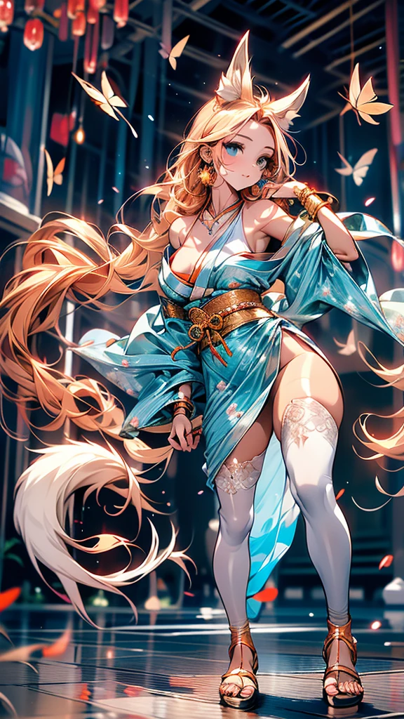 With delicately pointed fox-like ears atop her head and nine voluminous, fluffy tails cascading behind her, the enchanting figure before us embodies a mystical and ethereal beauty. This stunning portrayal, whether in a painting, photograph, or digital art, captures every nuance of her otherworldly allure. The vibrant colors of her fur, a mesmerizing blend of fiery oranges and soft creams, seem to shimmer and dance in the light, highlighting the intricate details of each tail and ear. The image is so exquisitely rendered that one can almost feel the softness of her fur and hear the gentle rustling of her tails as she moves. It is a masterful work of art that immerses viewers in a world of fantasy and wonder. and make her more sexy by giving her very big  and ass give her a  h cup chest. and a small beauty spot on her right breast. anime-style Japanese hair, shiny crimson hair, Her dress has a beautiful shimmering pulsating gold pattern that gives it an extraordinary look, golden butterflies fly next to the heroine, with their ethereal Japanese beauty (23 years old). A single lock of hair accentuates her delicate features, and she is adorned with sparkling gems. Her expressive eyes shine with emotion, and her fair skin complements her slender figure. This stunning character comes to life through digital painting. milky white skin and sky blue and mint green eyes. her eyes are bright and shiny. her frock reaches her ankle. give her a night time background walking among Sakura tress with golden butterflies fly next to the Girl. her nine-tails flow beautifully behind her clearly visible and she is wearing a nice Japanese style sandals. has a big firm ass wearing white stockings with golden design on them her kimono reaches to the ankle and her nine-tails dance behind her in a otherworldly beauty of tails sakura tree petals and golden butterflies