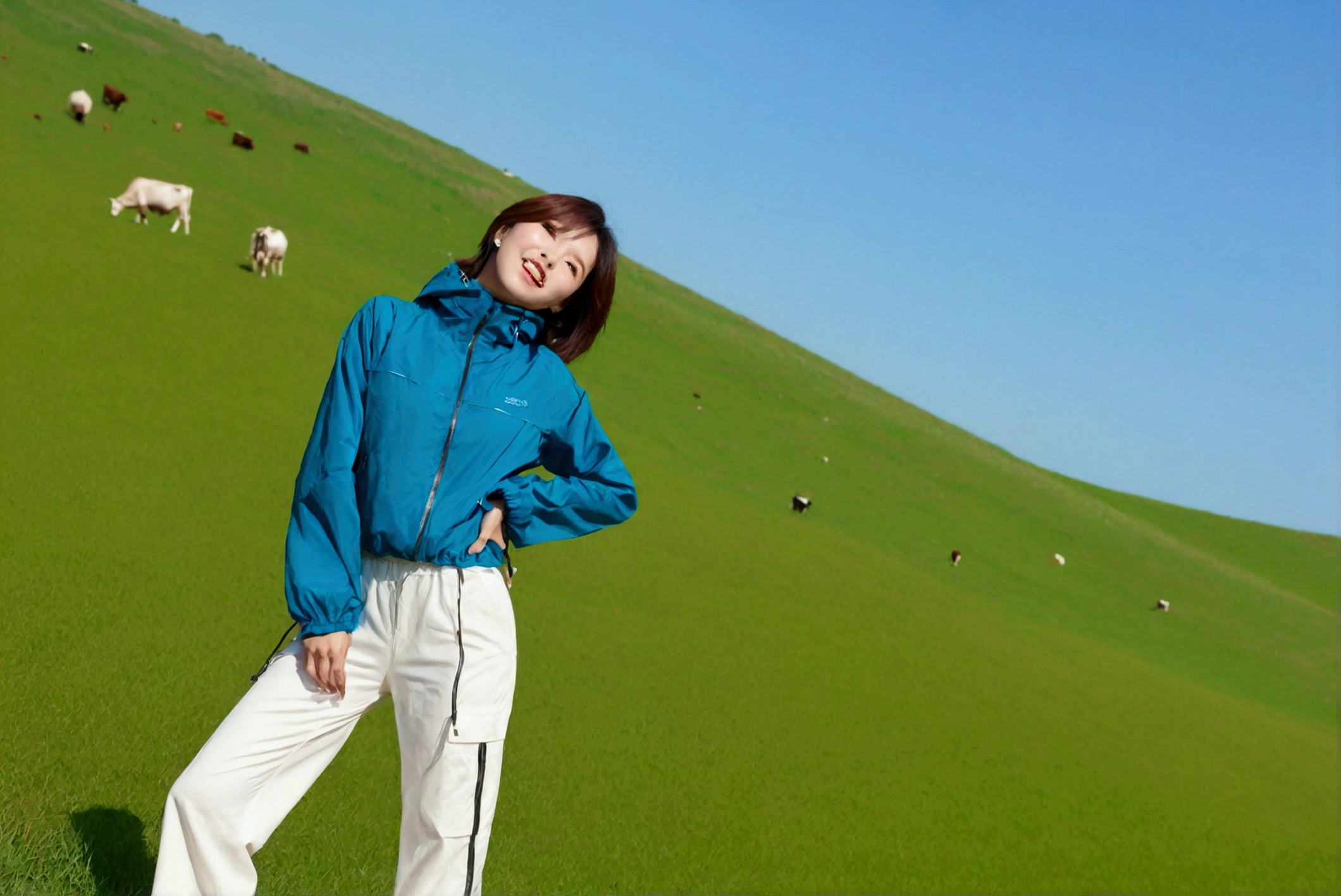 high quality, 1 woman, ((36 years old 건강한 한국 여성)), ((36 years old)), 1 woman, The eyes are big and beautiful. ((slim)), ((short medium hair)), laugh. pose: standing, High-end luxury brand windbreaker jacket,  White pants, background: 1 woman, California, pasture, cattle, grass. Full body shot with 16-34 wide angle lens, look up to the side, blue sky, So that you can see the whole body