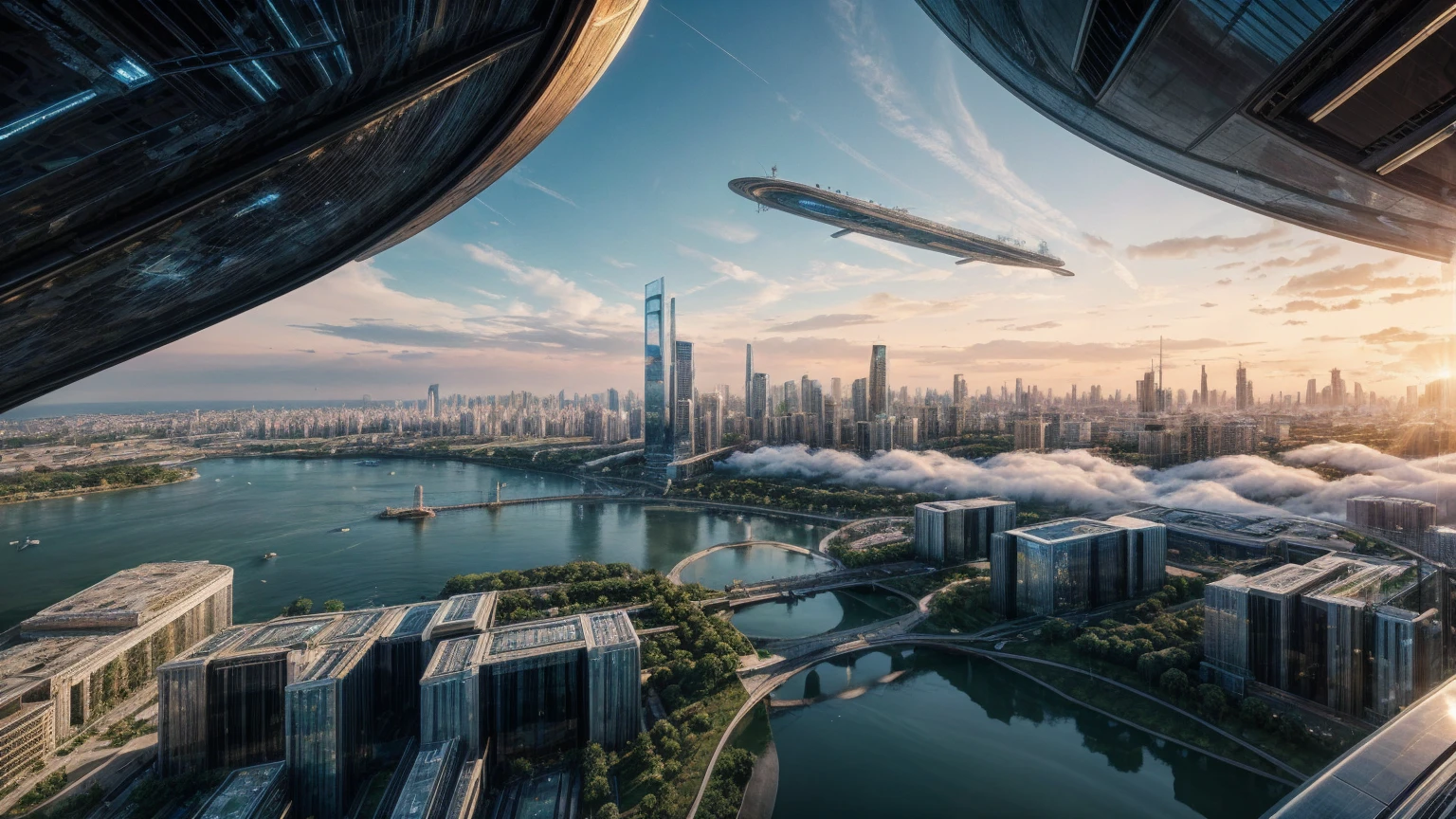 (Best quality,4K,8K,A high resolution,Masterpiece:1.2),Ultra-detailed,(Realistic,Photorealistic,photo-realistic:1.37),Futuristic floating city,Futuristic technology,Huge urban high-tech tablet platform,Airship,Floating in the sky,Futuristic city,Small airships around,High-tech hemispherical platform,Colorful lights,Advanced architecture,modernn architecture,skyscrapper,Access the cloud,Scenic beauty,view over city,Impressive design,Blend seamlessly with nature,energetic and vibrant atmosphere,Futuristic transportation system,Parking is suspended,Transparent path,Lush greenery,Sky gardens,cascading waterfalls,Magnificent skyline,reflections on the water,Sparkling river,Architectural innovation,futuristic skyscrapers,Transparent dome,The shape of the building is unusual,Elevated walkway,Impressive skyline,Glowing lights,Futuristic technology,Minimalist design,Scenic spots,Panoramic view,Cloud Piercing Tower,Vibrant colors,epic sunrise,epic sunset,Dazzling light display,magical ambiance,The future city,Urban Utopia,LuxuryLifestyle,Innovative energy,sustainable development,Smart city technology,Advanced infrastructure,Tranquil atmosphere,Nature and technology live in harmony,Awesome cityscape,Unprecedented urban planning,Architecture connects seamlessly with nature,High-tech metropolis,A cutting-edge engineering marvel,The future of urban living,Visionary architectural concept,Energy-efficient buildings,Harmony with the environment,A city floating above the clouds,Utopian dreams become reality,The possibilities are endless,State-of-the-art transportation network,Green energy integration,Innovative materials,Impressive holographic display,Advanced communication system,Breathtaking aerial view,Quiet and peaceful environment,Modernist aesthetics,Ethereal beauty